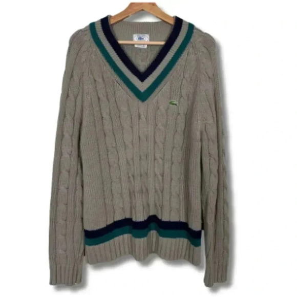 Vintage Izod Lacoste V-Neck Cable Knit Sweater Preppy Tan Brown Men's Size XL - Picture 1 of 5